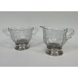 Sterling Silver Base Etched Glass Creamer & Open Sugar Bowl Chantilly Lace Set